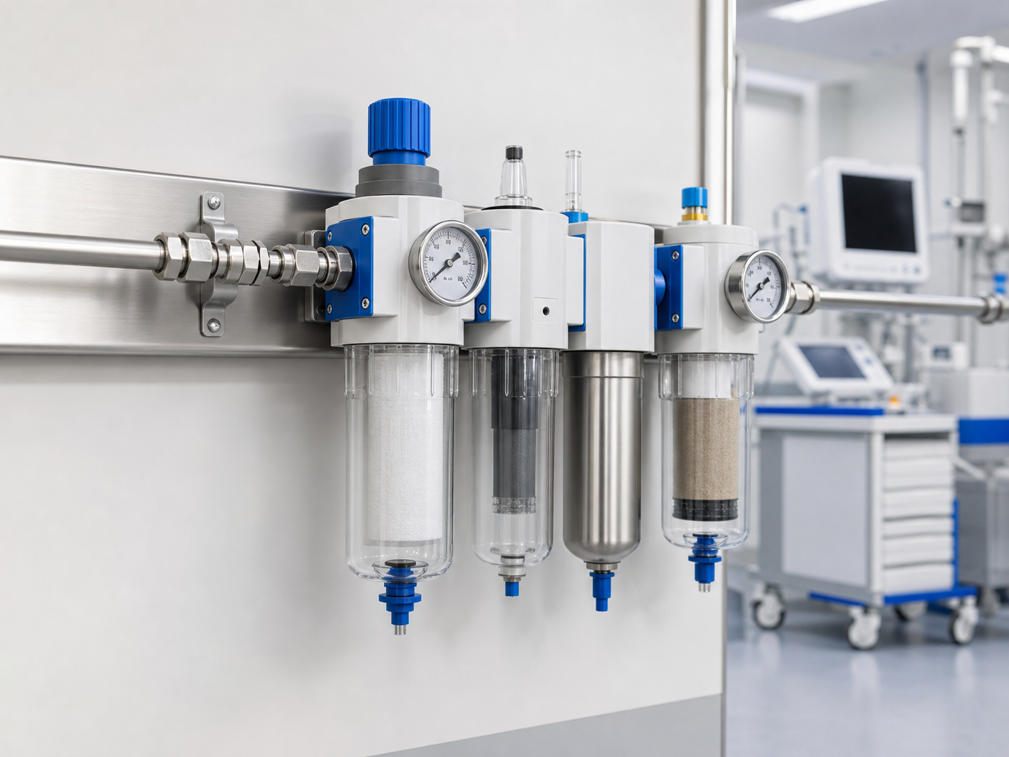 Compressed air filter units mounted in a clinical technical room