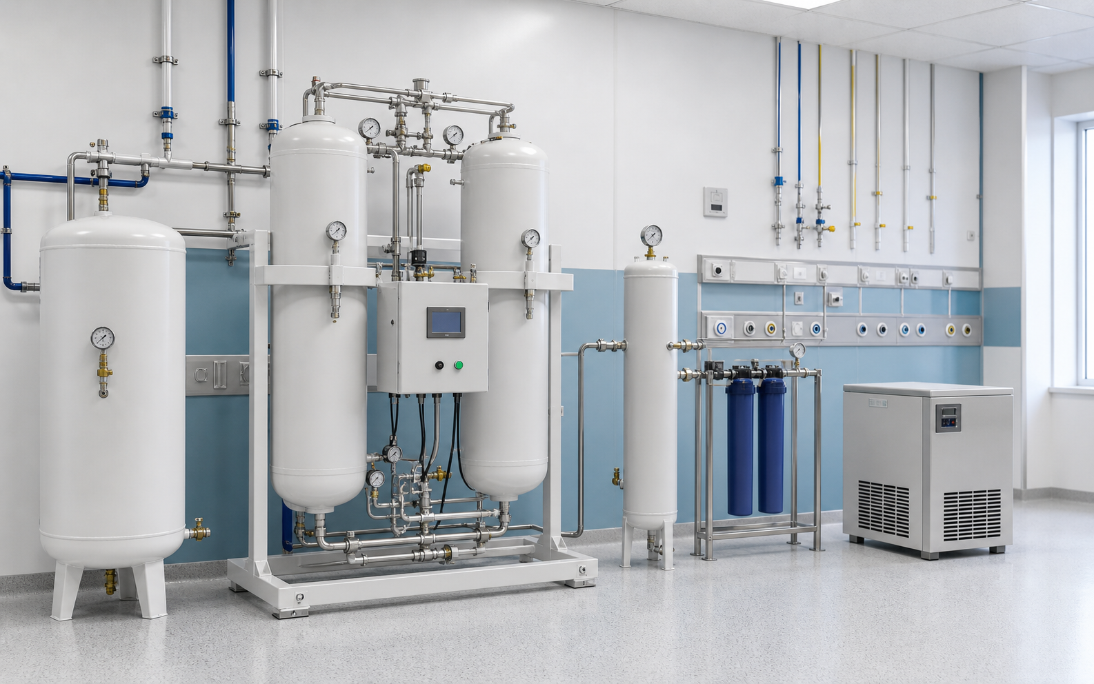 Medical pneumatic and compressed-air equipment in a hospital technical room